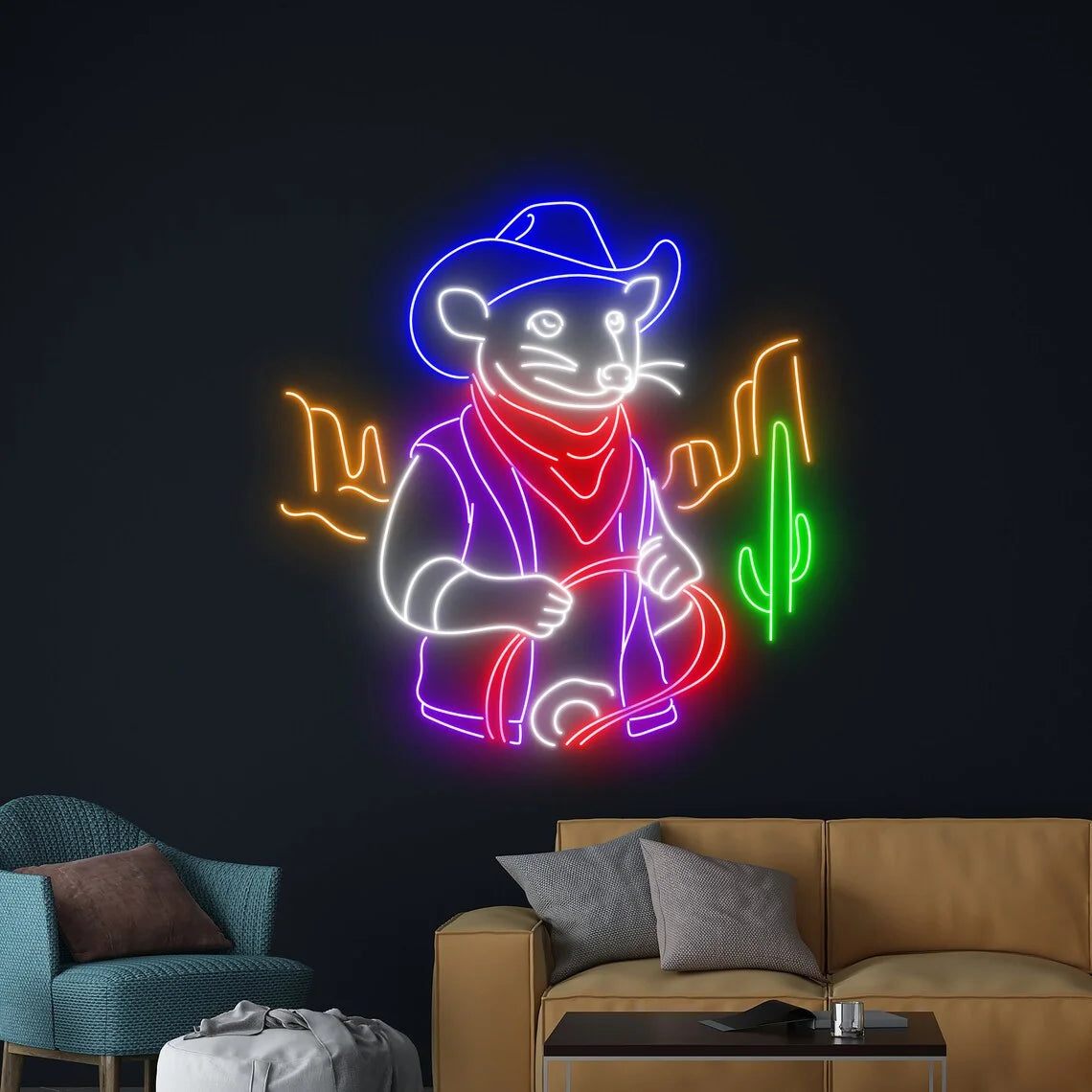 Cowboy Opossum Neon Sign, Opossum Neon Led Art Decor, Western Opossum Wall Decor