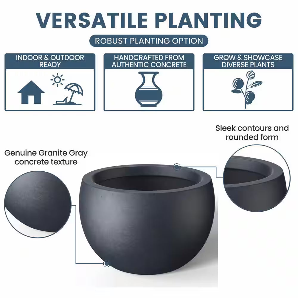 19 In. Large Granite Gray Concrete round Planter / Pot with Drainage Holes