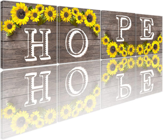 Hope Sign Sunflower Wall Art for Living Room Bathroom Decor Wall Art Set, Kitchen Wall Art Farmhouse Wall Art, 4 Piece Motivational Canvas Wall Art Prints Pictures for Bedroom Wall Decor