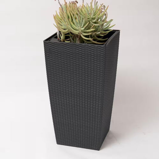 30 In. H Plastic Indoor Outdoor Square Planter Pot Black Rattan Self Watering, Tall Decorative Gardening Pot, Home Decor
