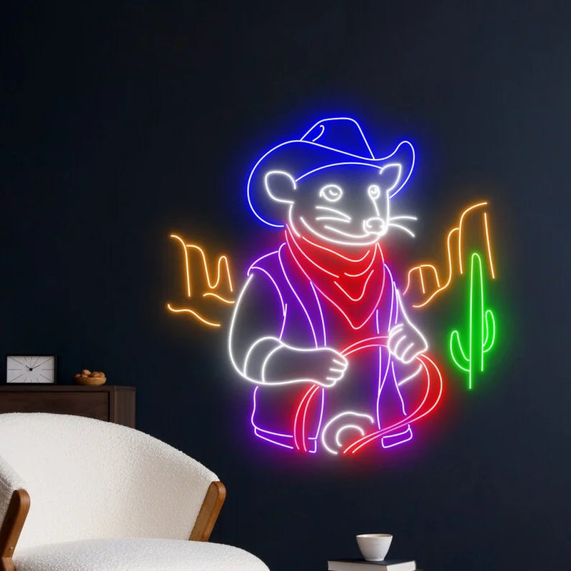 Cowboy Opossum Neon Sign, Opossum Neon Led Art Decor, Western Opossum Wall Decor