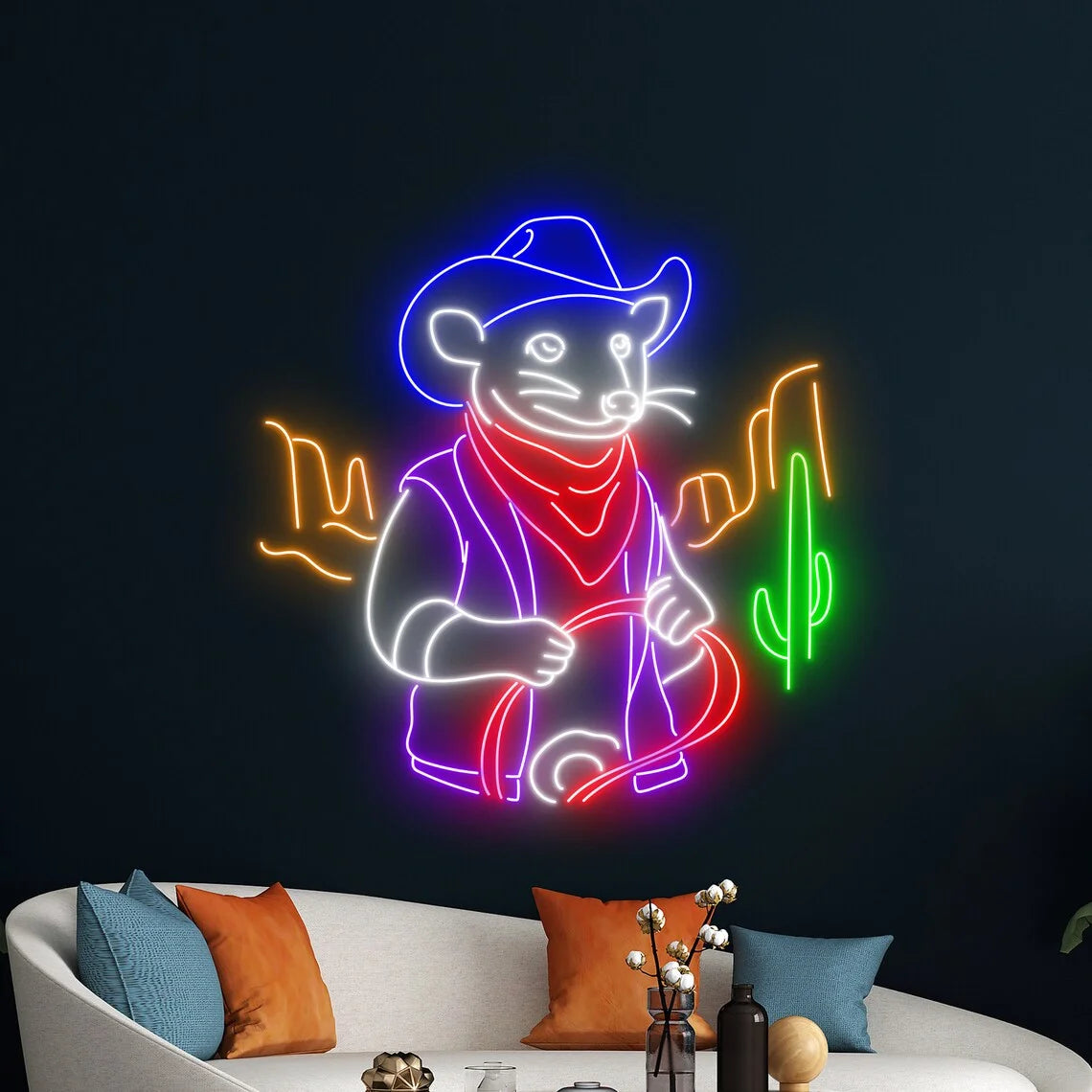 Cowboy Opossum Neon Sign, Opossum Neon Led Art Decor, Western Opossum Wall Decor