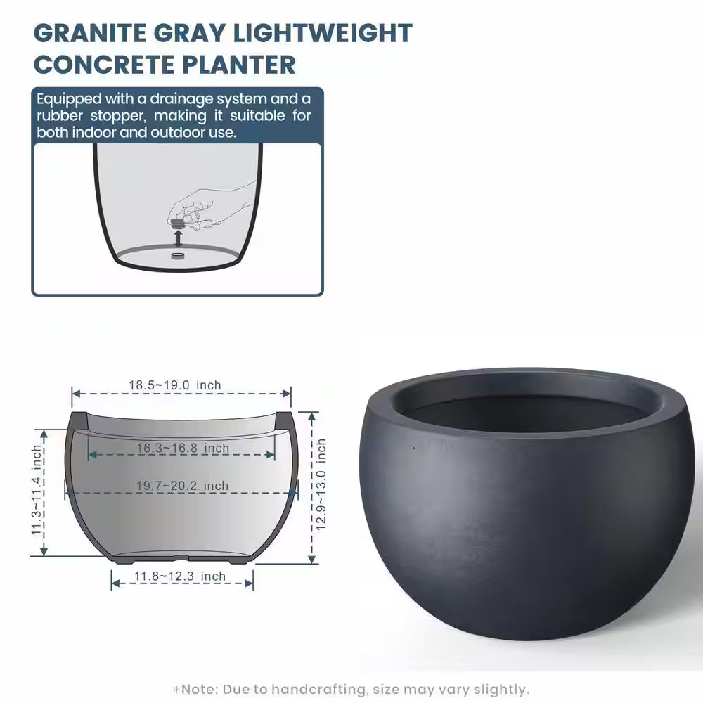 19 In. Large Granite Gray Concrete round Planter / Pot with Drainage Holes