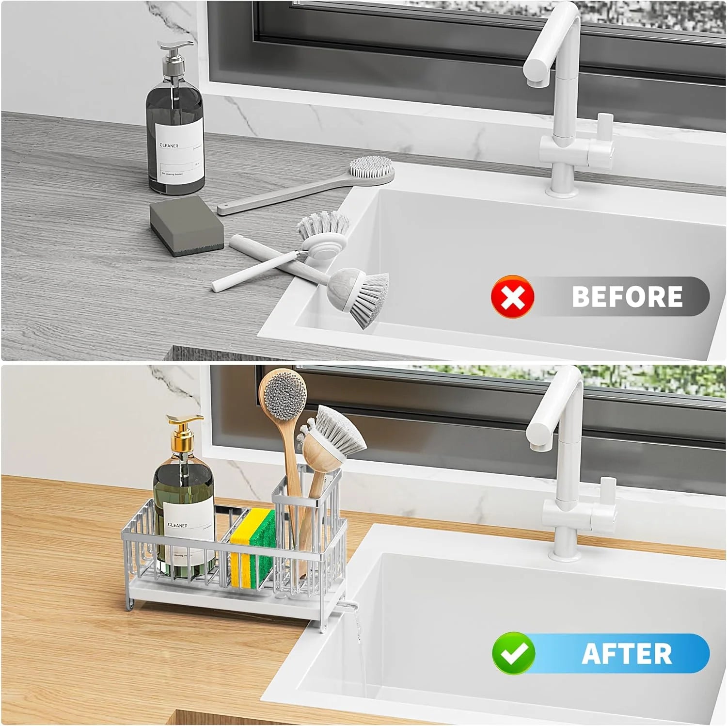 Sink Caddy,Silver Rust-Resistant Kitchen Organizer,Sponge Holder for Kitchen Sink